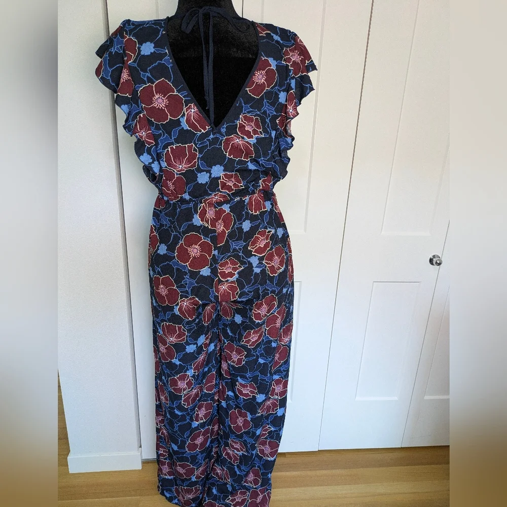 Band Of Gypsies Women's Floral Fall cap sleeve jumpsuit romper Size M blue EUC - Picture 3 of 11